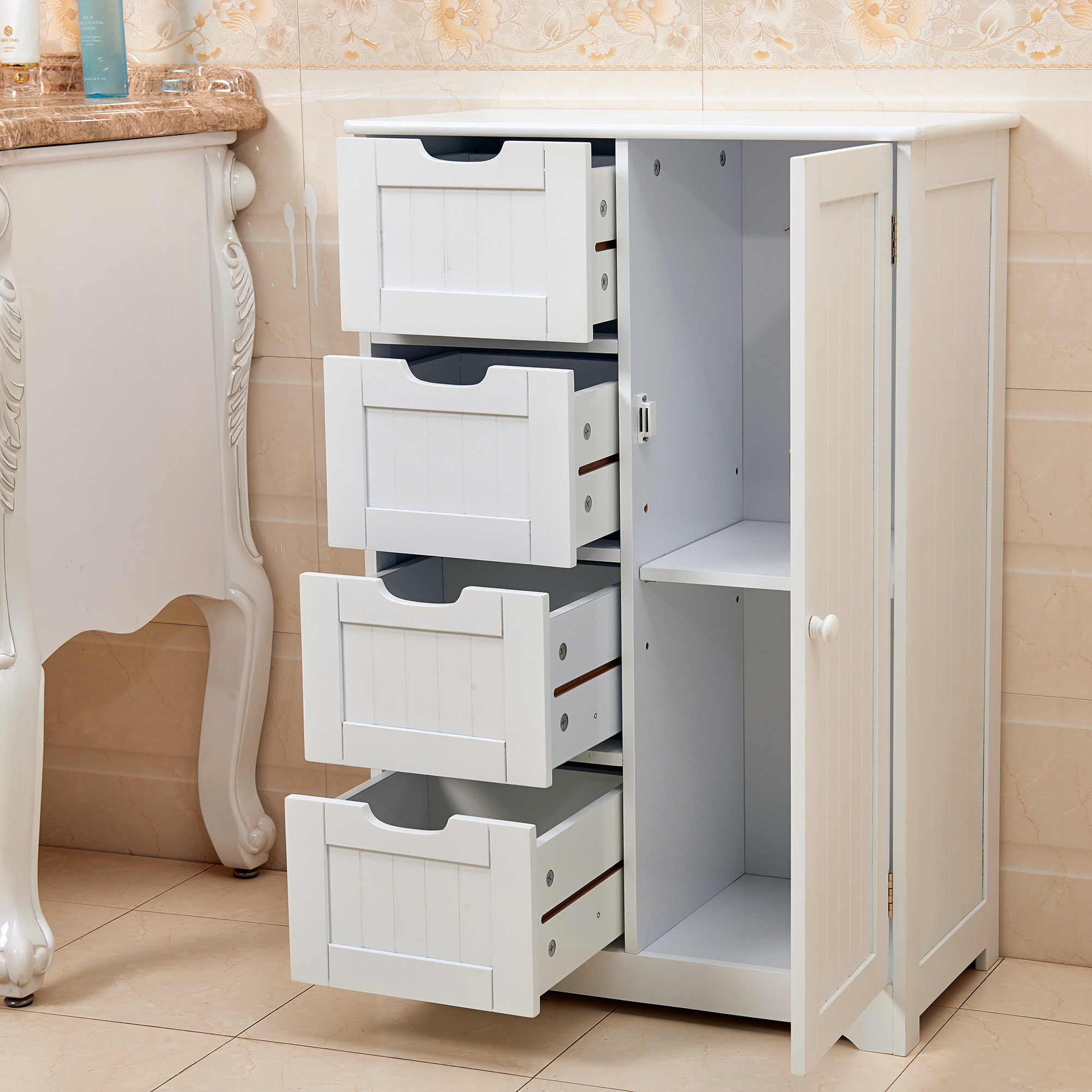 White Wooden 4 Drawer Bathroom Storage Cupboard Cabinet Free Standing Unit Bath  eBay