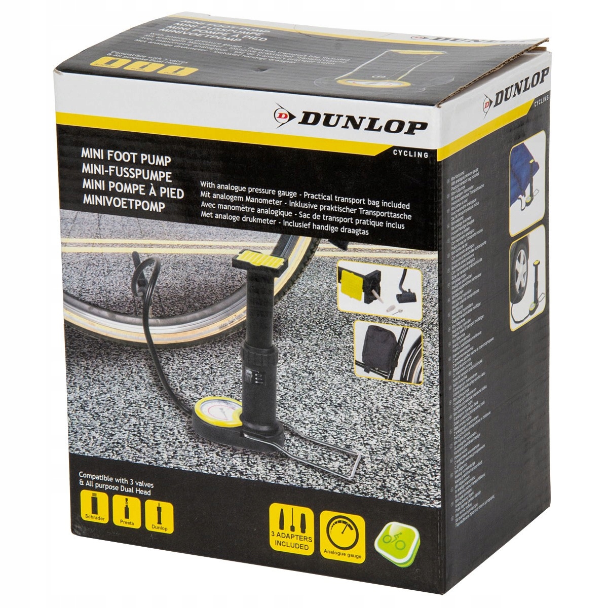 Pompa Per Bici Dunlop | 3 Valvole Incluse (Schrader, Dunlop, Francese) - Per Gonfiaggio Facile