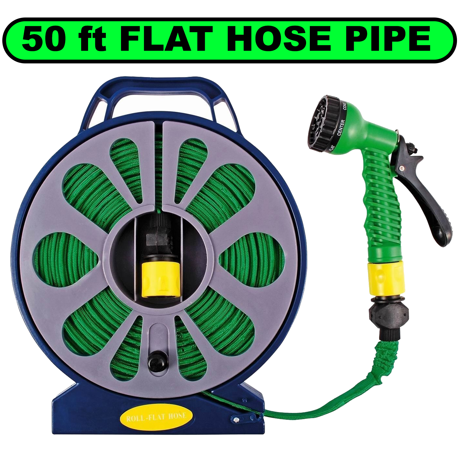 New Garden 50ft Flat Hose Pipe Spray Gun Nozzle With Stand Hobby ...