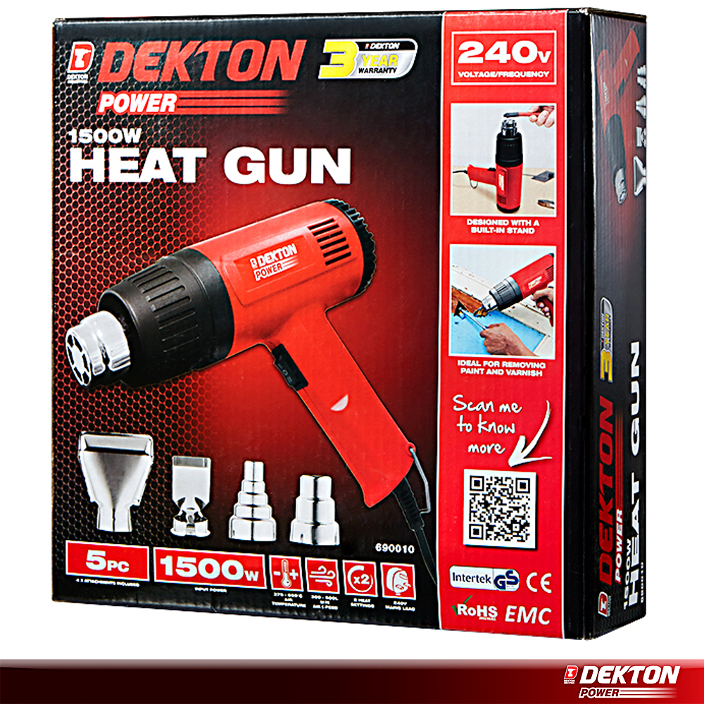 Dekton Power 1500W Hot Air Heat Gun 3 Temperature Modes 1500W & 4 Heads