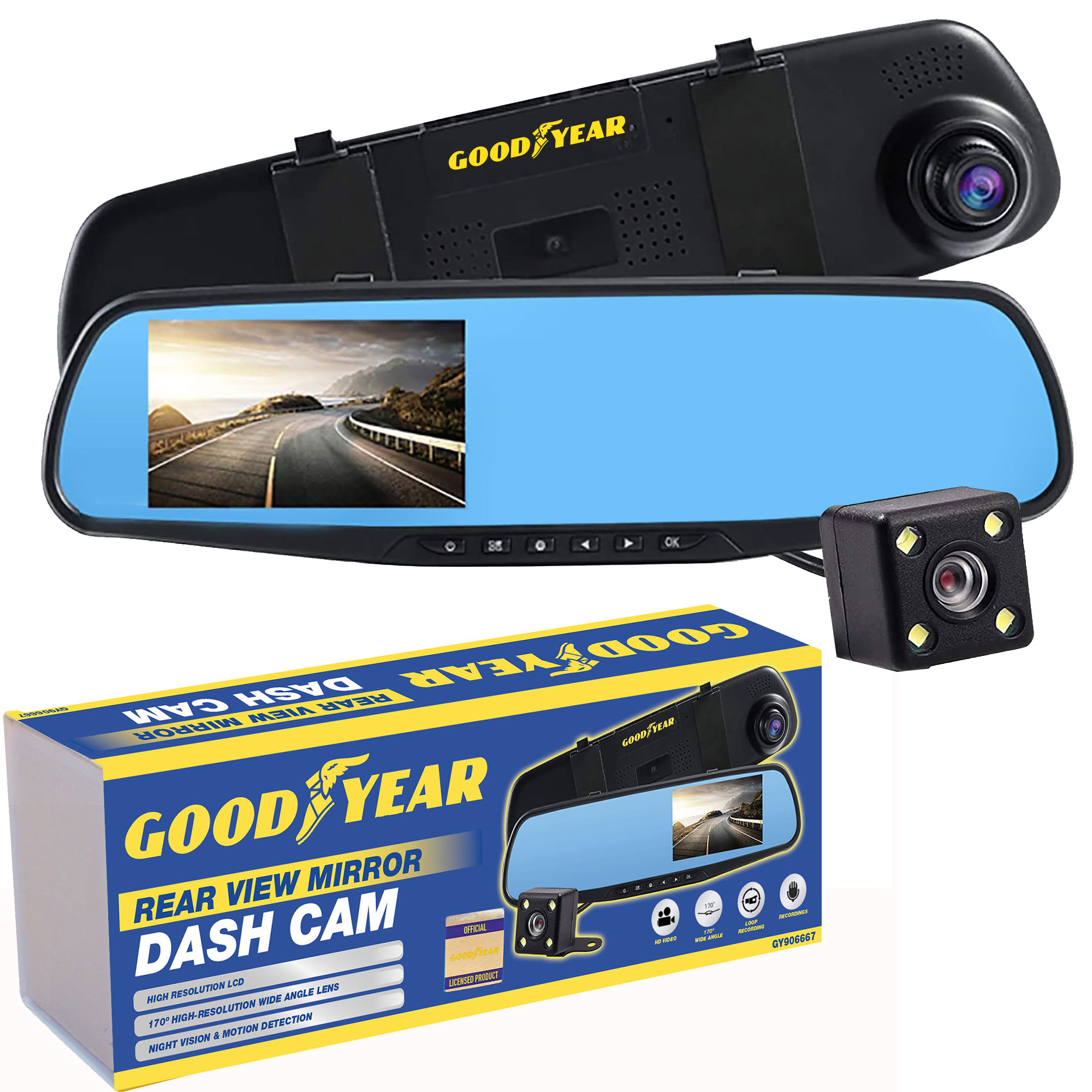 Goodyear Dual Lens Car Dash Cam with Front Rear Internal Camera HD Dashcam  Taxi