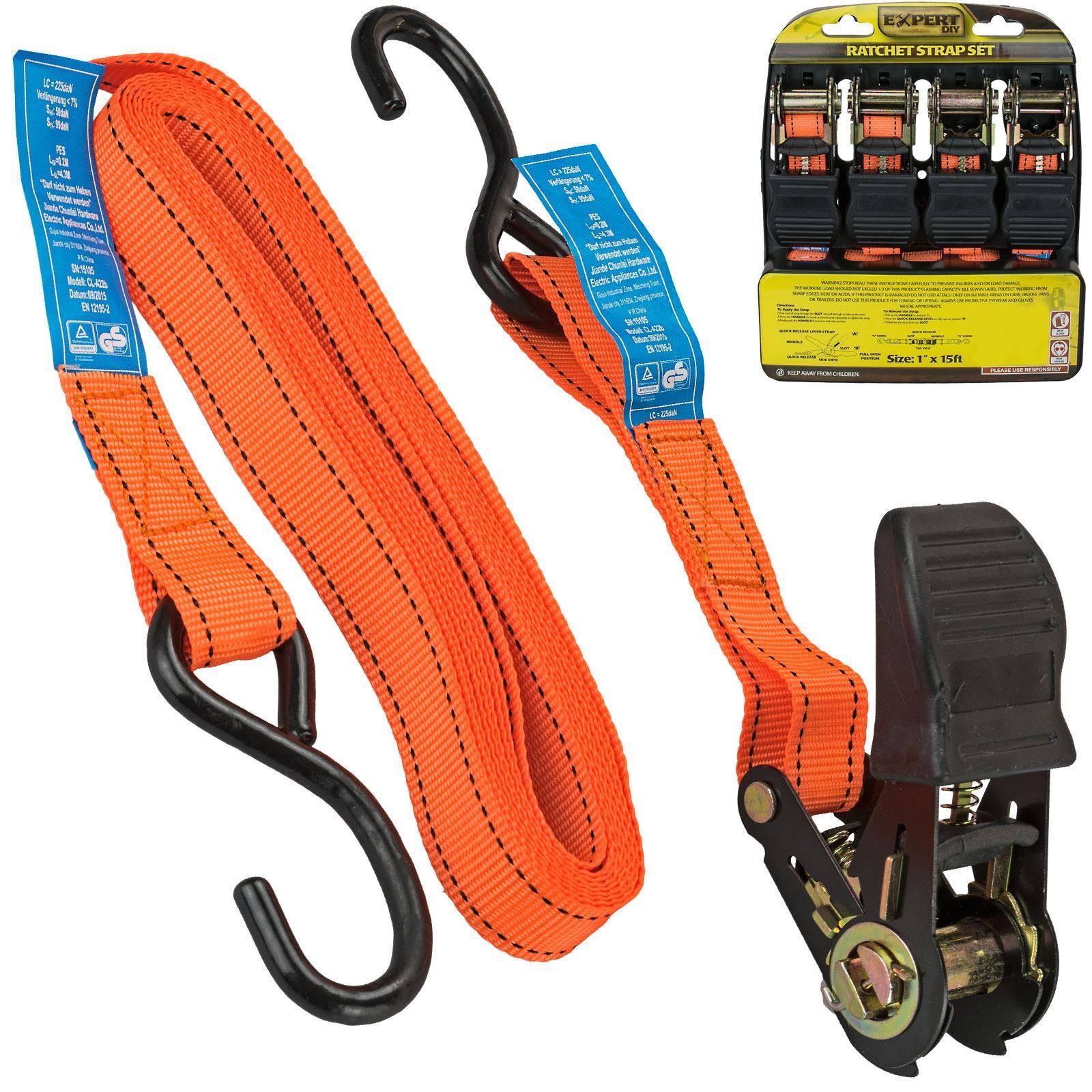 4PC Ratchet Tie Down Strap Set Roof Rack Cargo Trailer Marquee 25mm x 4