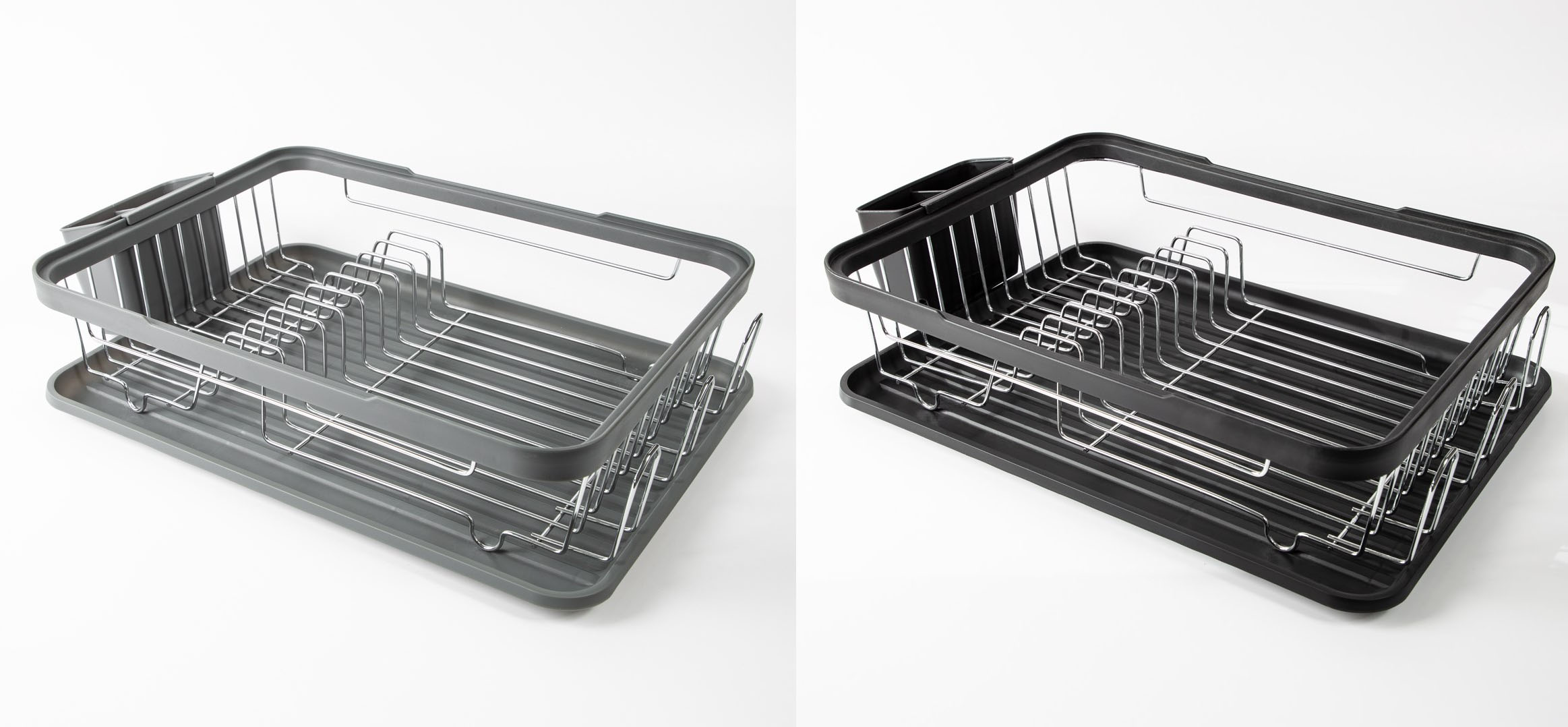 Grey or Black Kitchen Dish Drainer Rack with Plastic Drip Tray Cutlery