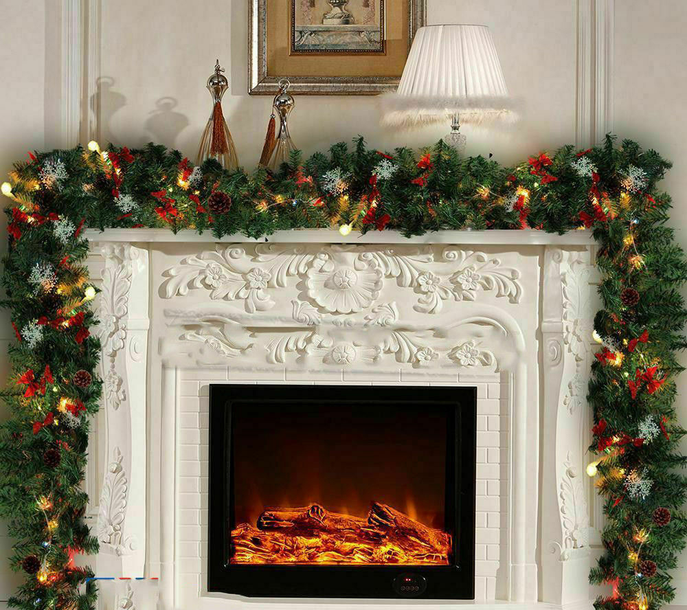 9FT Pre Lit Christmas Garland with Lights Door Wreath Xmas Fireplace