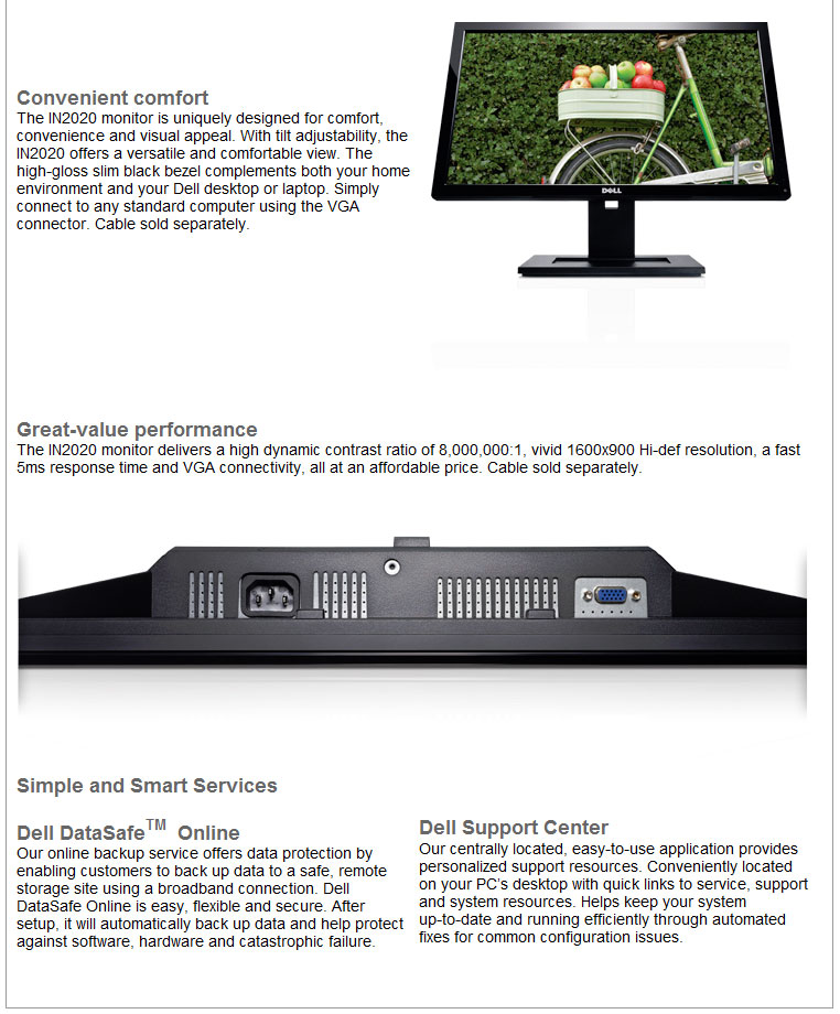 Dell Flat Panel IN 2020 Widescreen LED LCD Monitor 20  