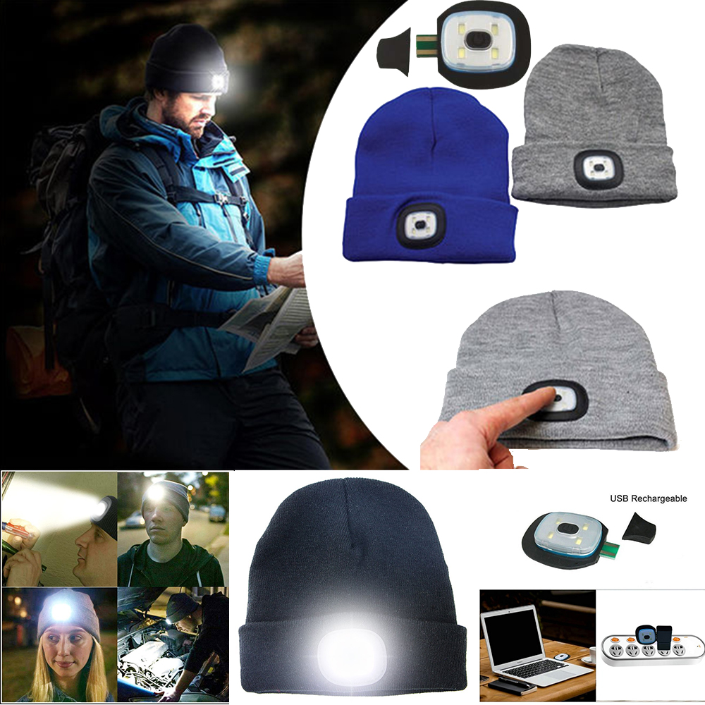 LED Beanie Hat With USB Rechargeable Battery Unisex High Powered Head Lamp LOT