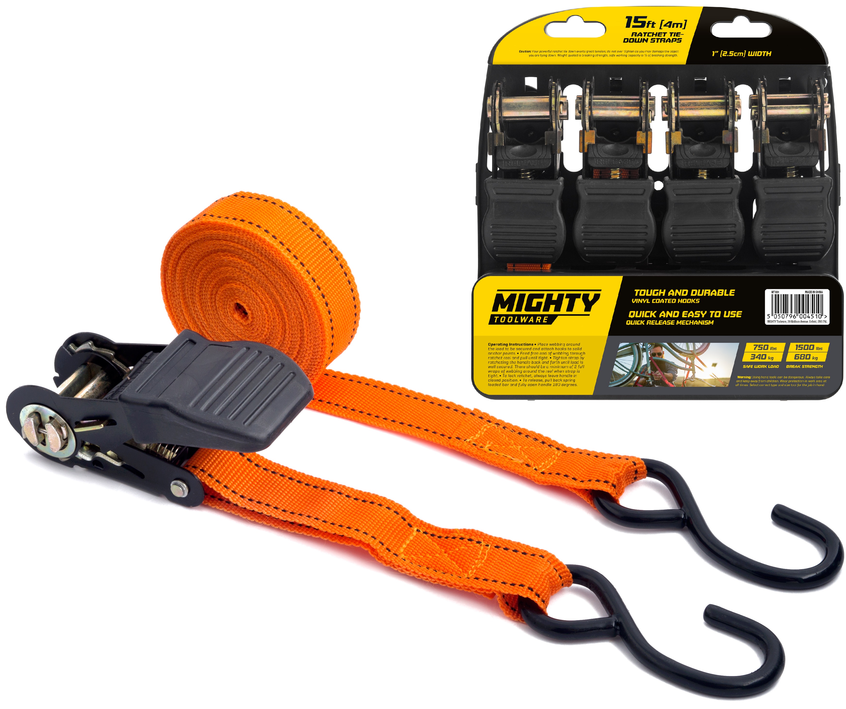 4PC Ratchet Tie Down Strap Set Cargo Trailer Marquee Roof Rack 25mm x 4