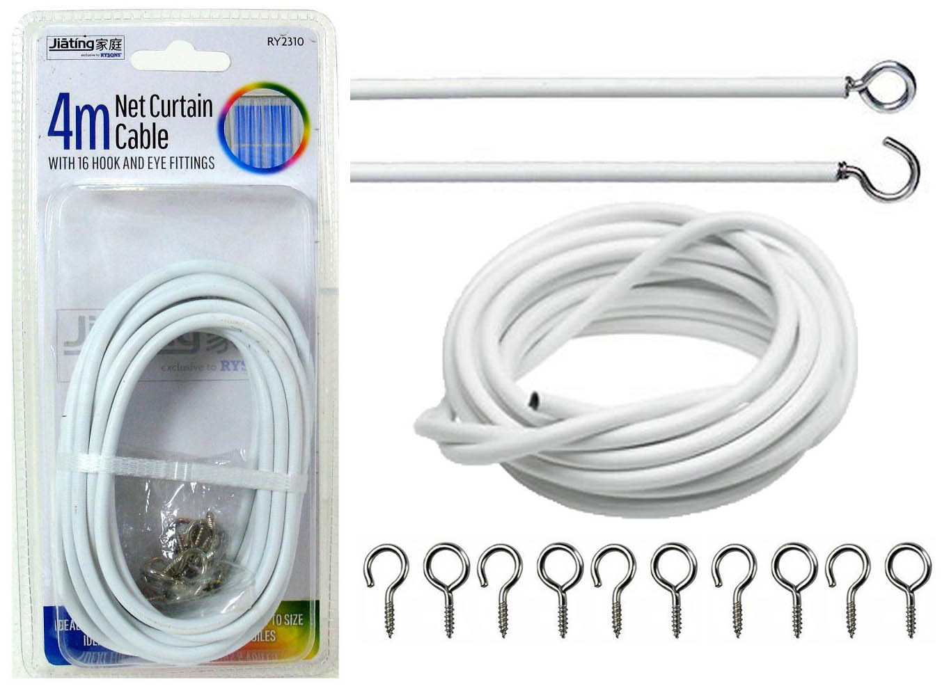 4m White Net Curtain Wire Cord Cable with Hooks and Eyes Fittings