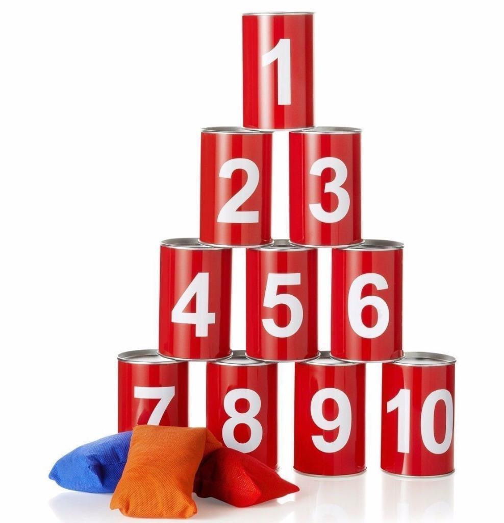 Hit The Can Garden Tin Can Alley Game Family 10 Tins 3 Bean Bags Indoor Outdoor 5060345219548 eBay