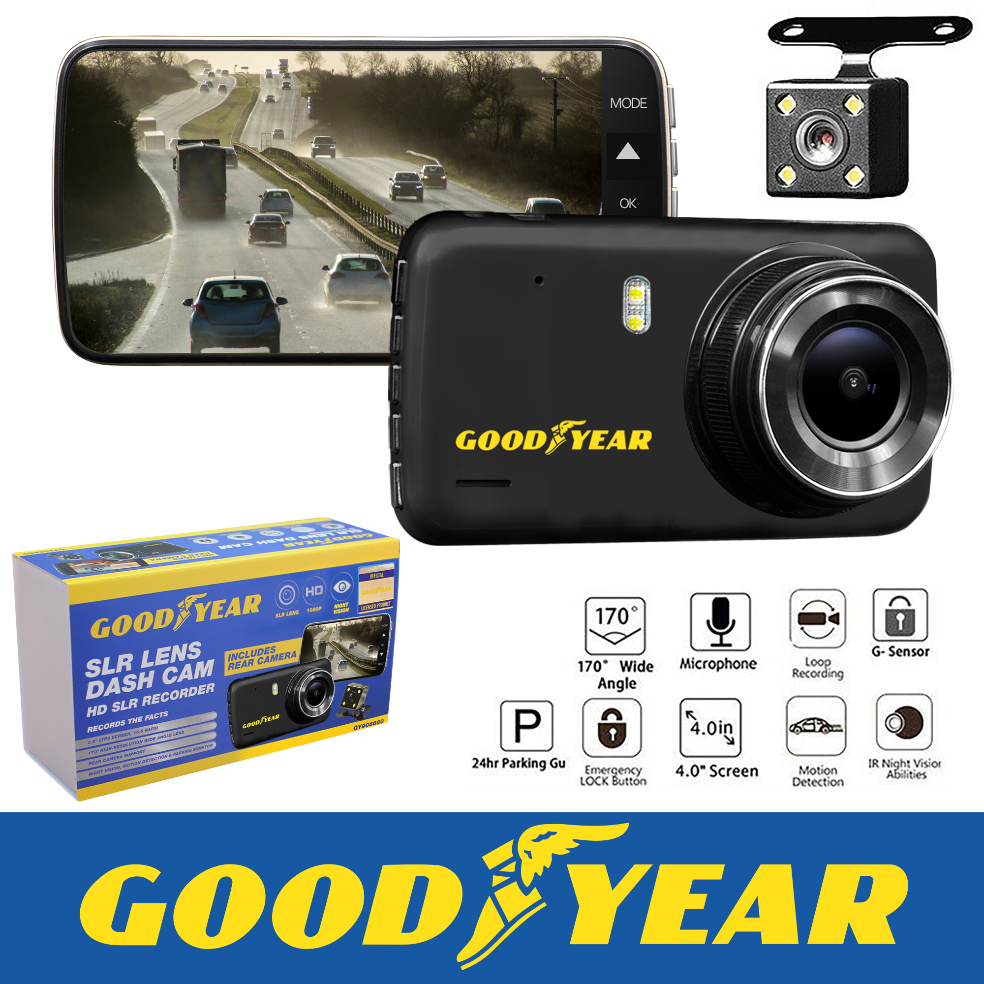 Goodyear 1080P Dual Lens Car DVR Front and Rear Camera Video Dash Cam  Recorder